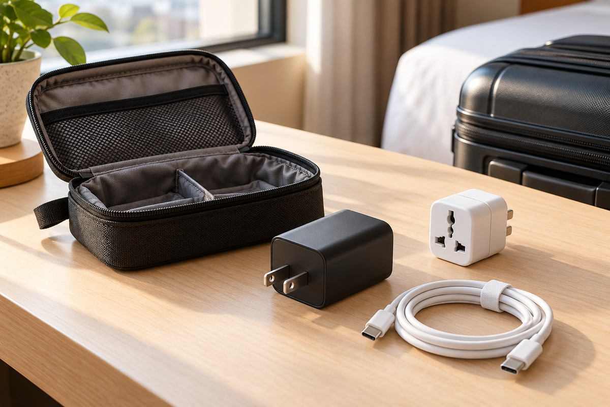 Original illustration of a disconnected wall charger, travel plug adapter and charging cable beside a travel pouch.
