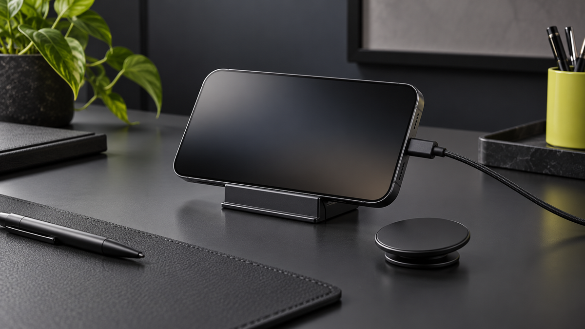 Editorial illustration of a cable-charging phone on a desk stand with a detached magnetic grip beside it.