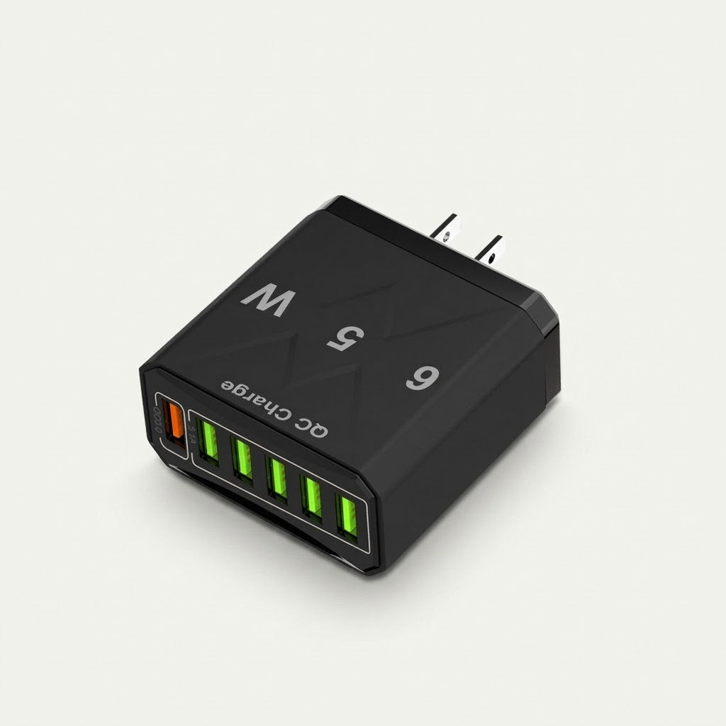 6-port USB QC fast charger, black, US plug