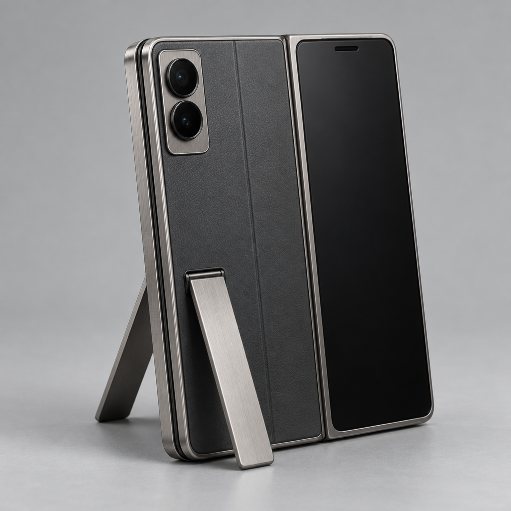 Aluminium MagSafe Stand Case – iPhone Duo — propped on kickstand, foldable phone