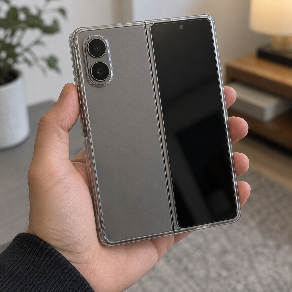 Clear Hybrid Shell Case – iPhone Duo — in hand, foldable phone