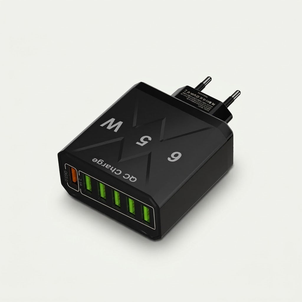6-port USB QC fast charger, black, EU plug