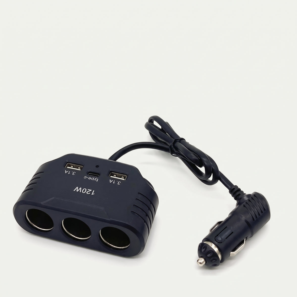 120W 3-socket car cigarette lighter splitter with dual USB-A and USB-C ports, studio shot