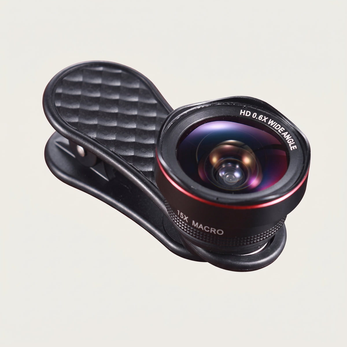 0.6x wide-angle and 15x macro clip-on phone camera lens, studio shot