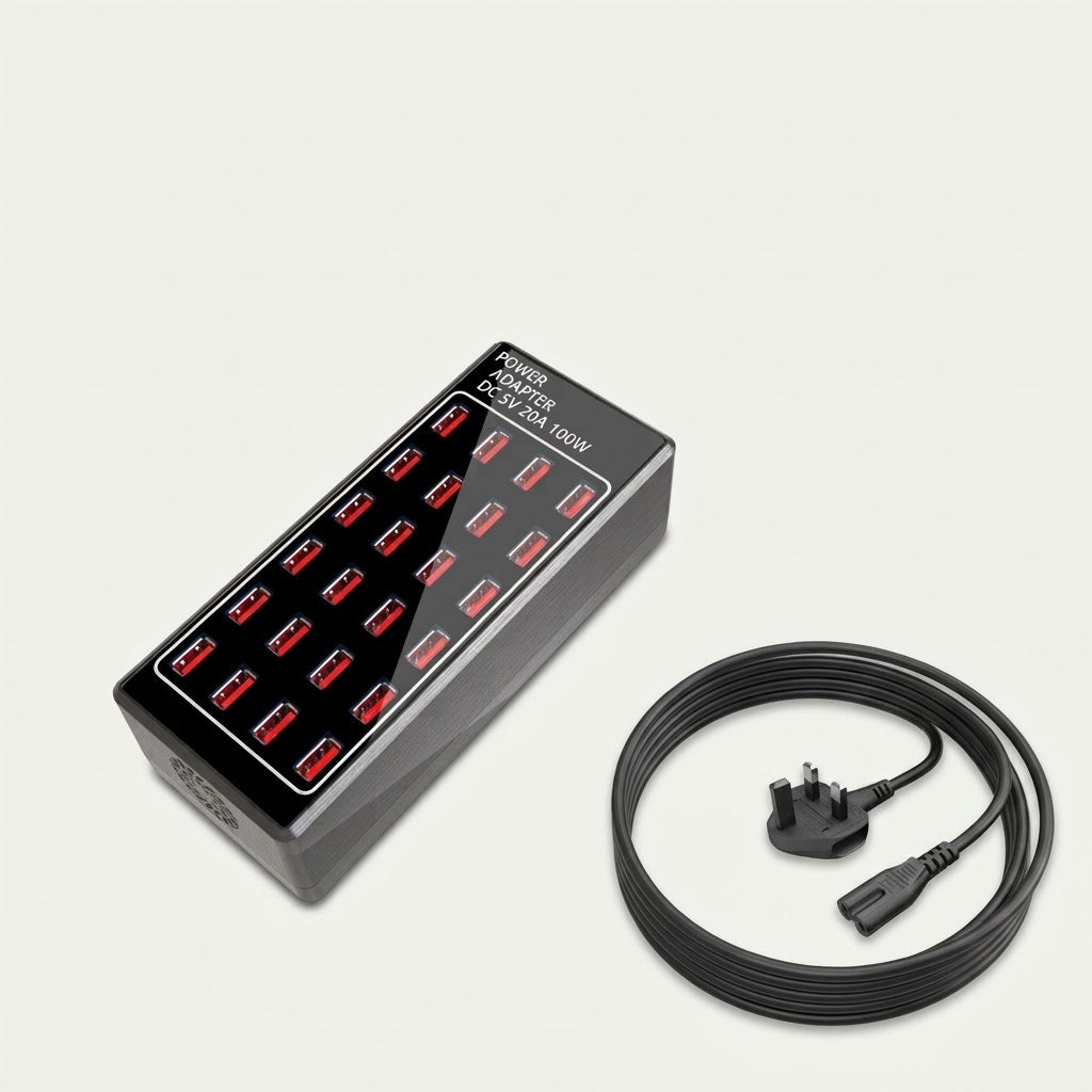 24-port USB charging station with power cord, black, UK plug