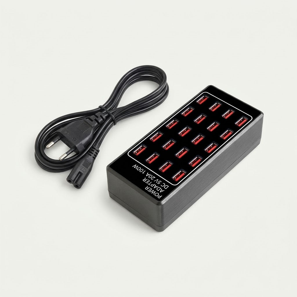 24-port USB charging station with power cord, black, EU plug