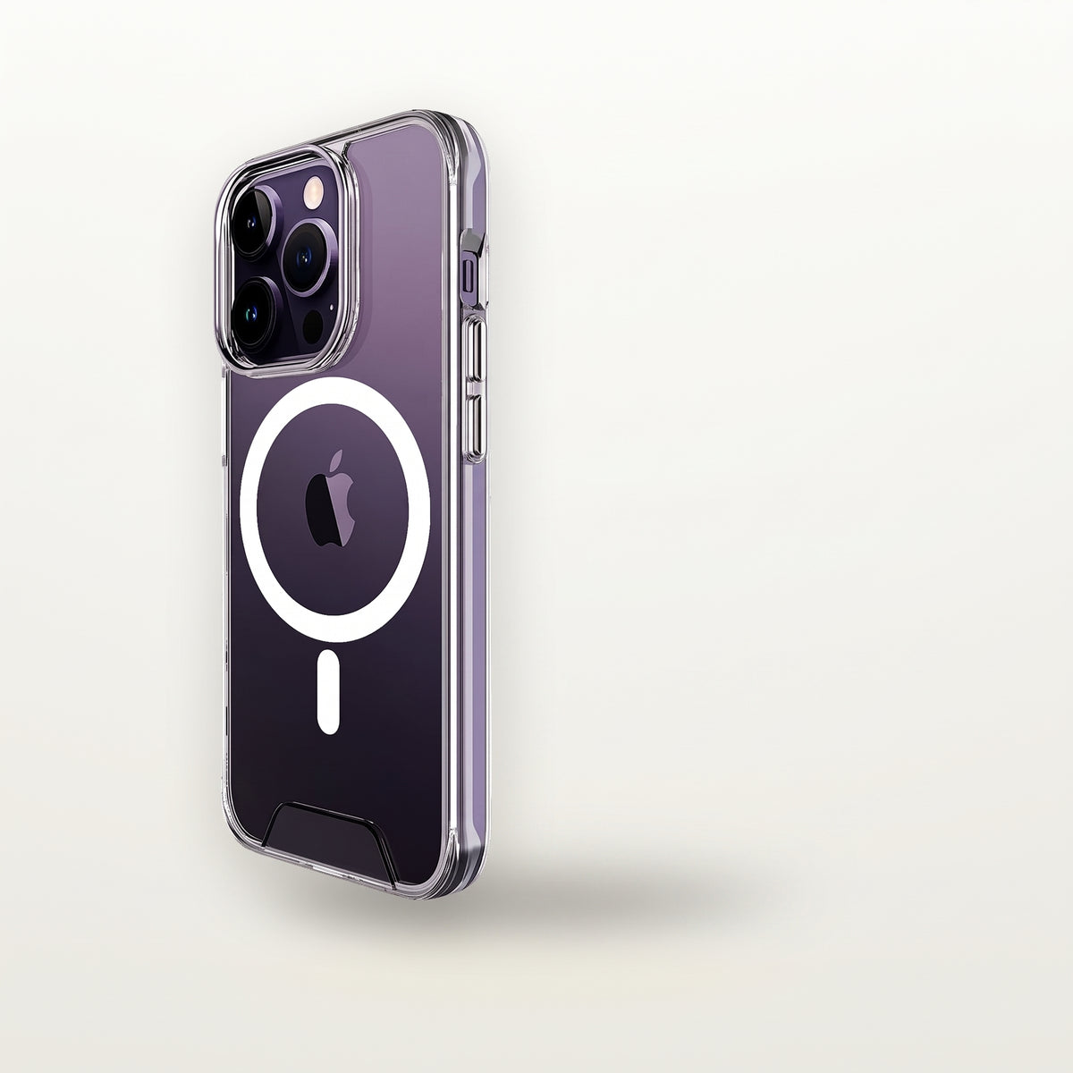 Crystal clear MagSafe-compatible case on a deep purple iPhone Pro, studio shot