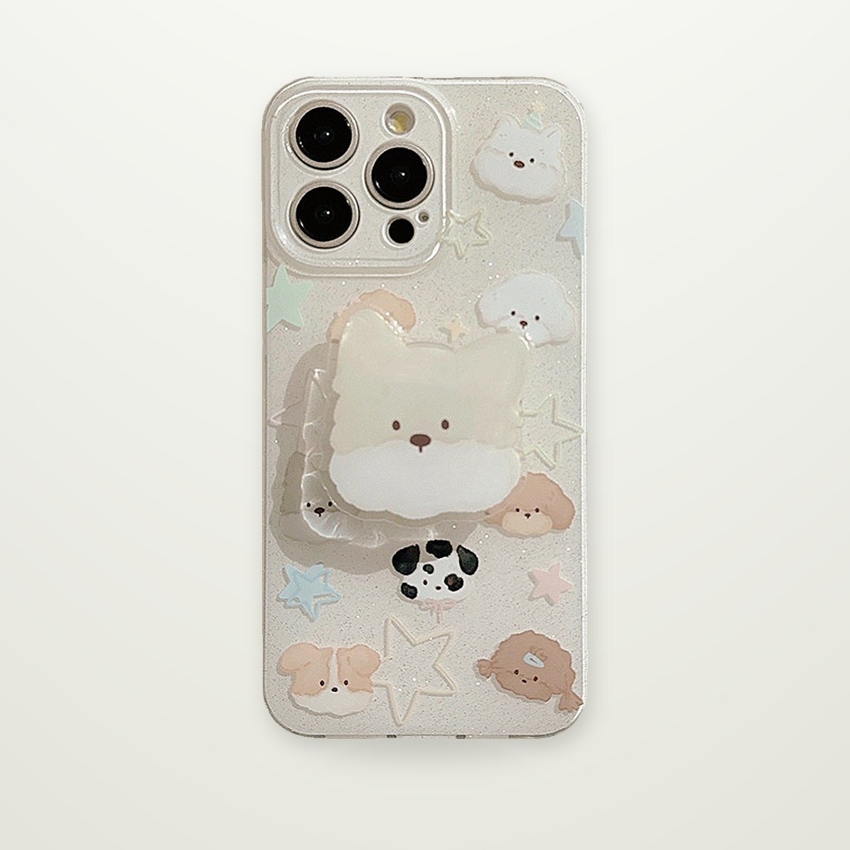 Glitter Puppy Case with Optional Plush Stand for iPhone 11–17