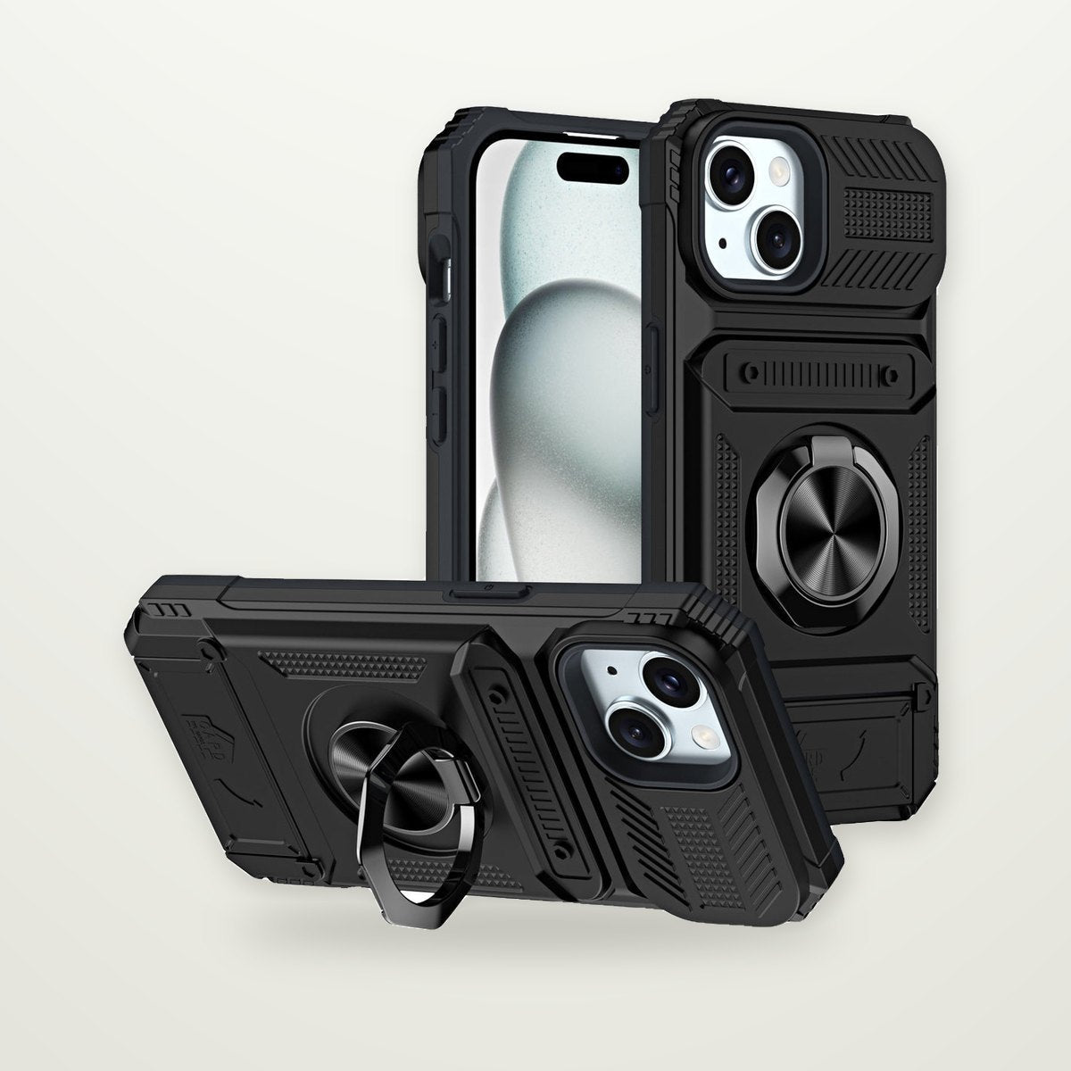 Hidden Card Slot Magnetic Ring Stand Case for iPhone 14–17