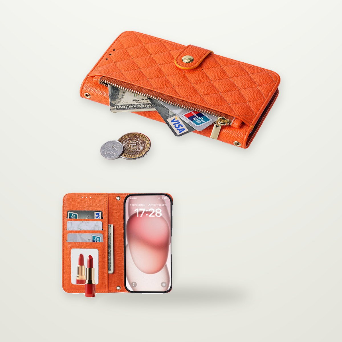Zip Wallet Crossbody Case with Mirror for iPhone 13–17