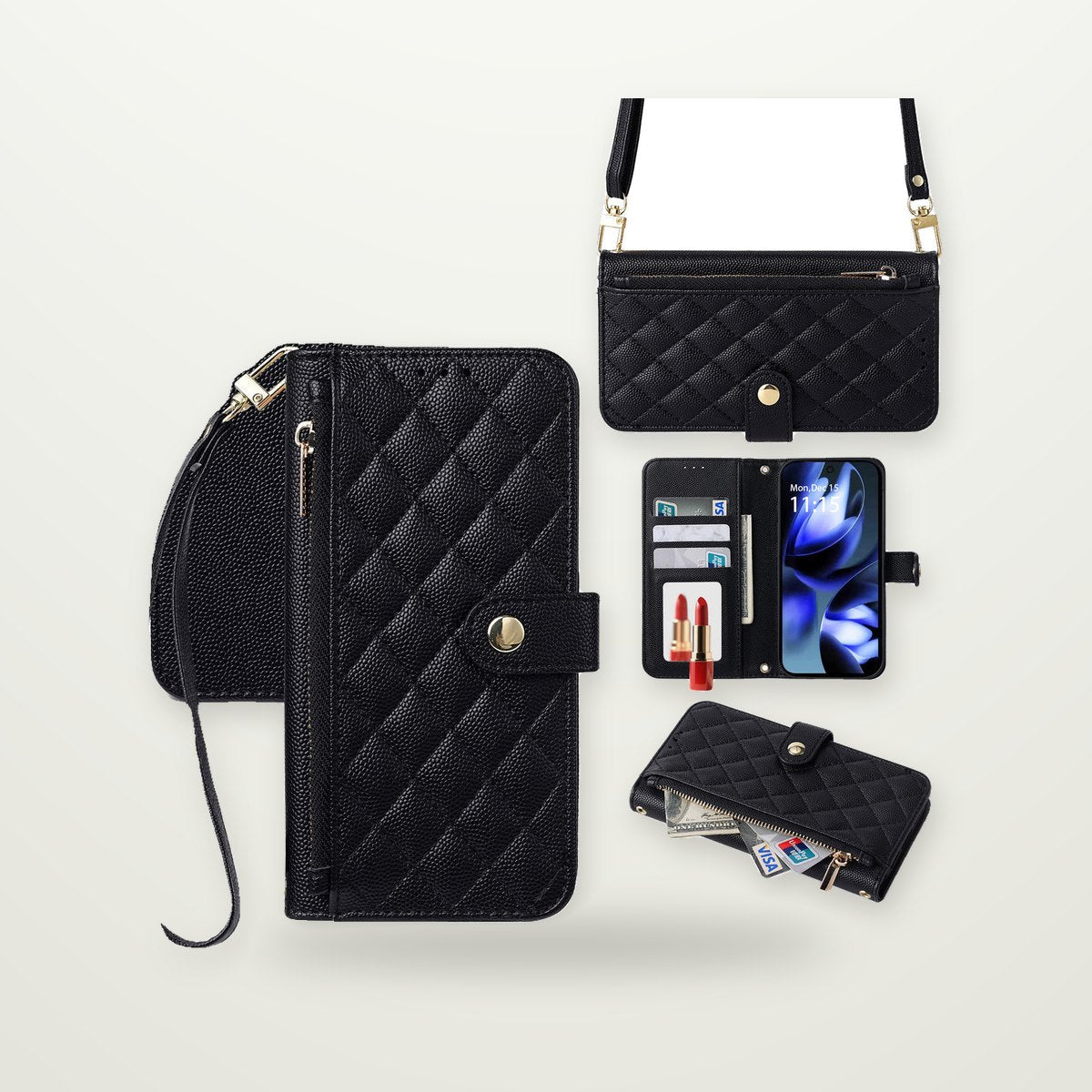 Zip Wallet Crossbody Case with Mirror for iPhone 13–17