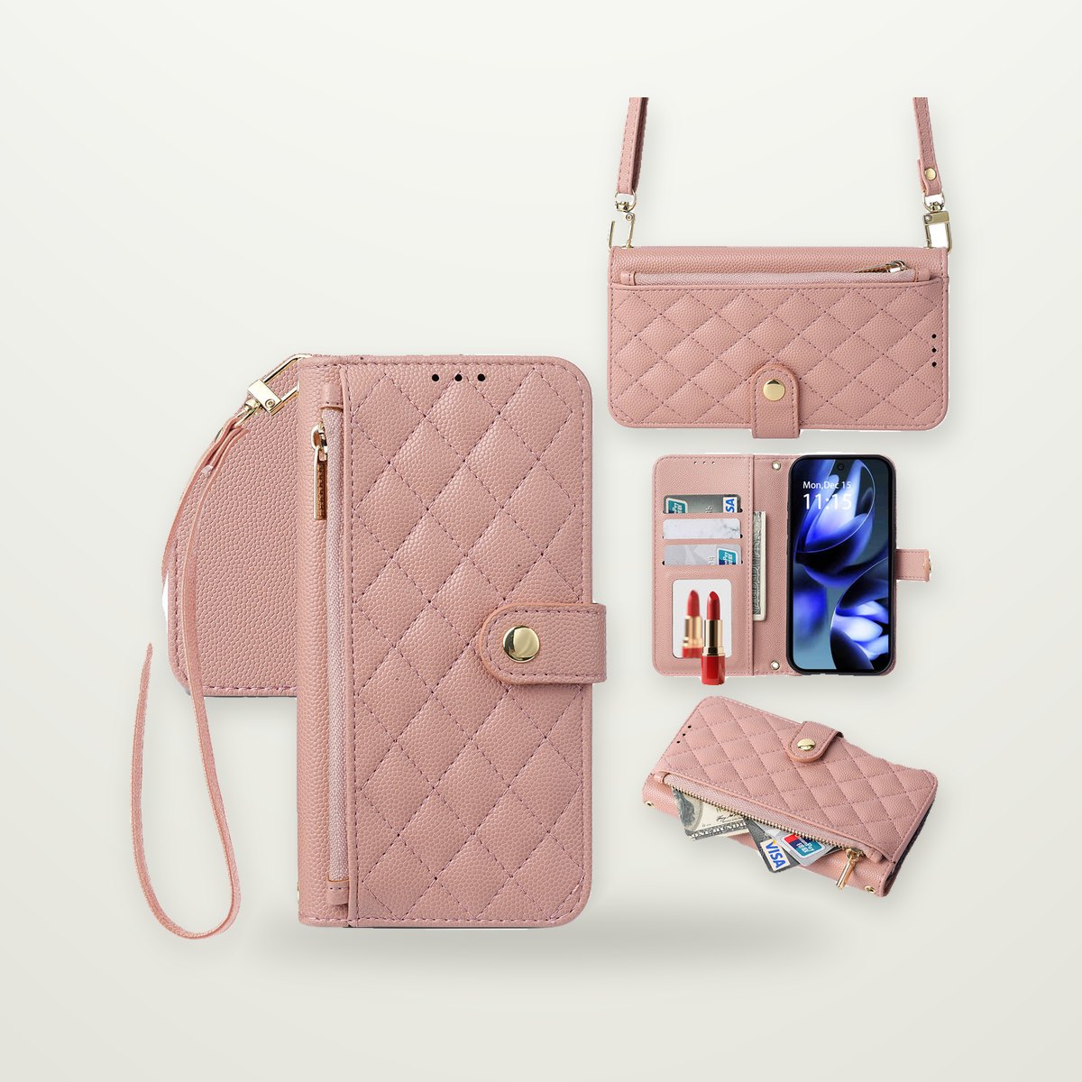 Zip Wallet Crossbody Case with Mirror for iPhone 13–17