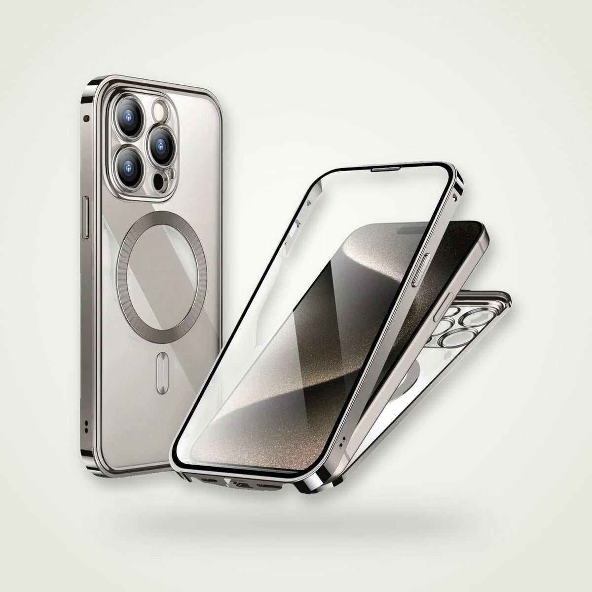 Privacy Glass Metal Buckle Case for iPhone 13–15