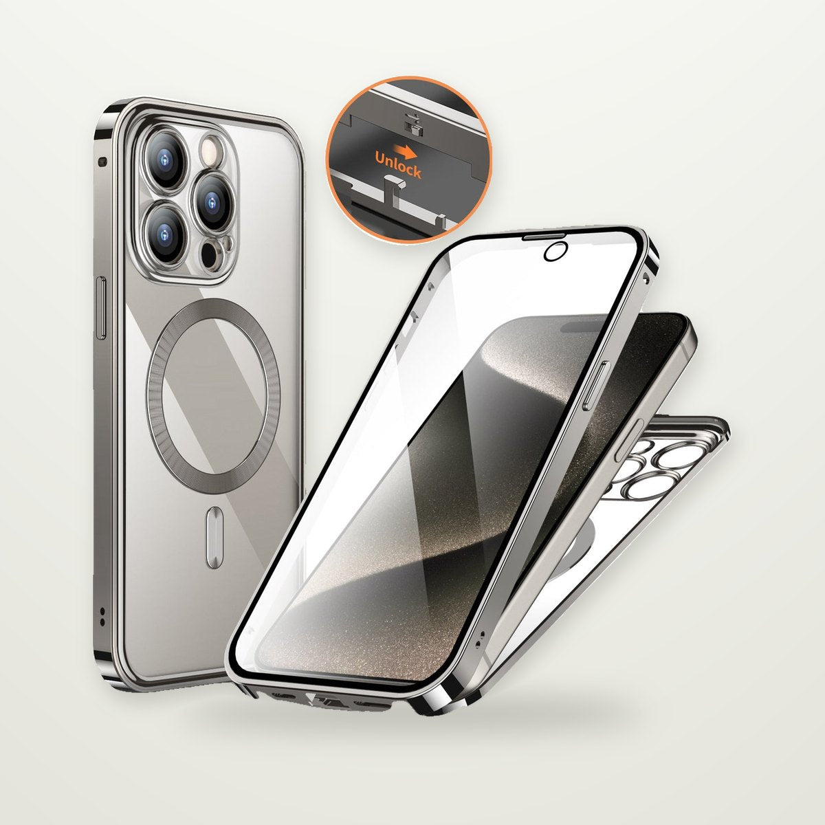 Privacy Glass Metal Buckle Case for iPhone 13–15