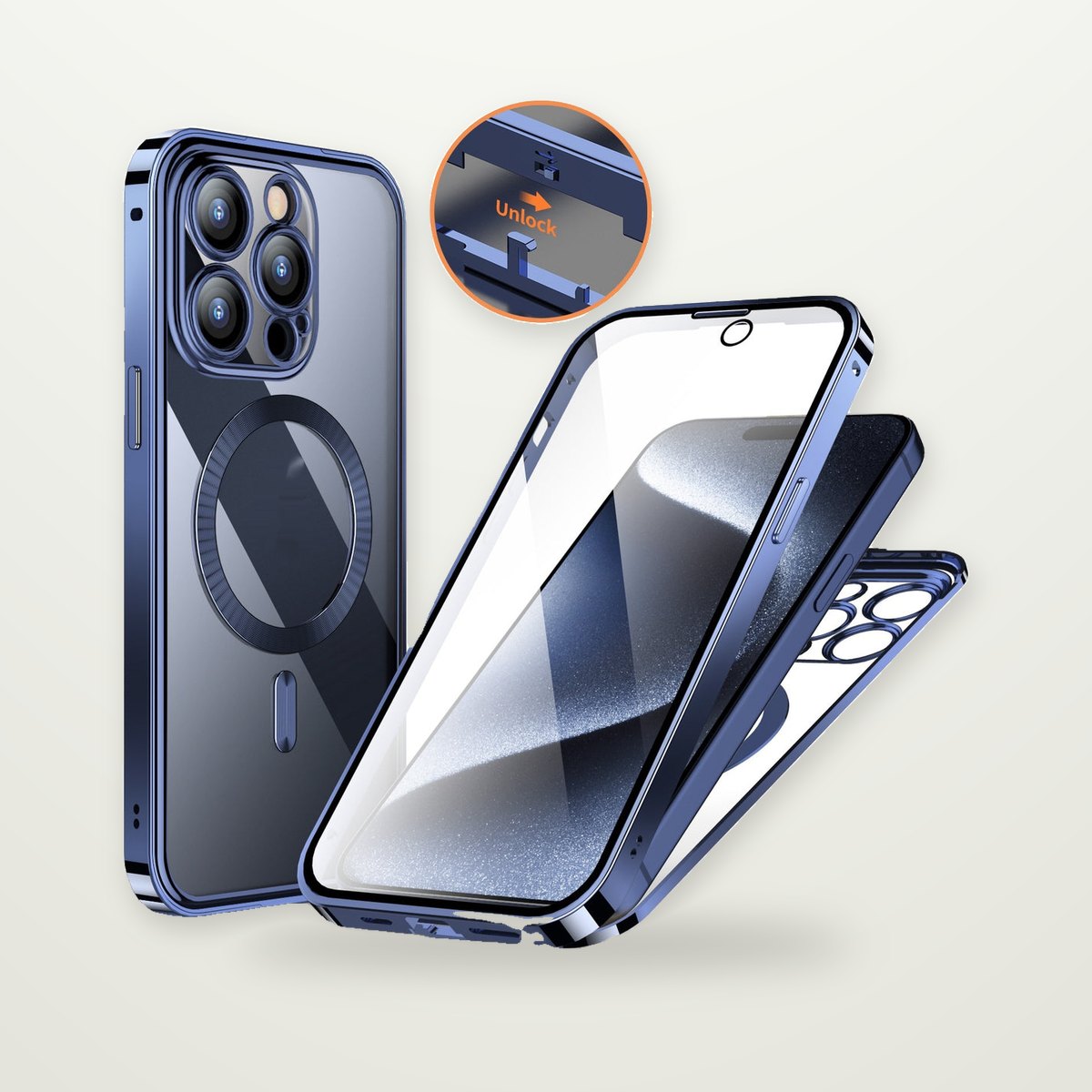 Privacy Glass Metal Buckle Case for iPhone 13–15