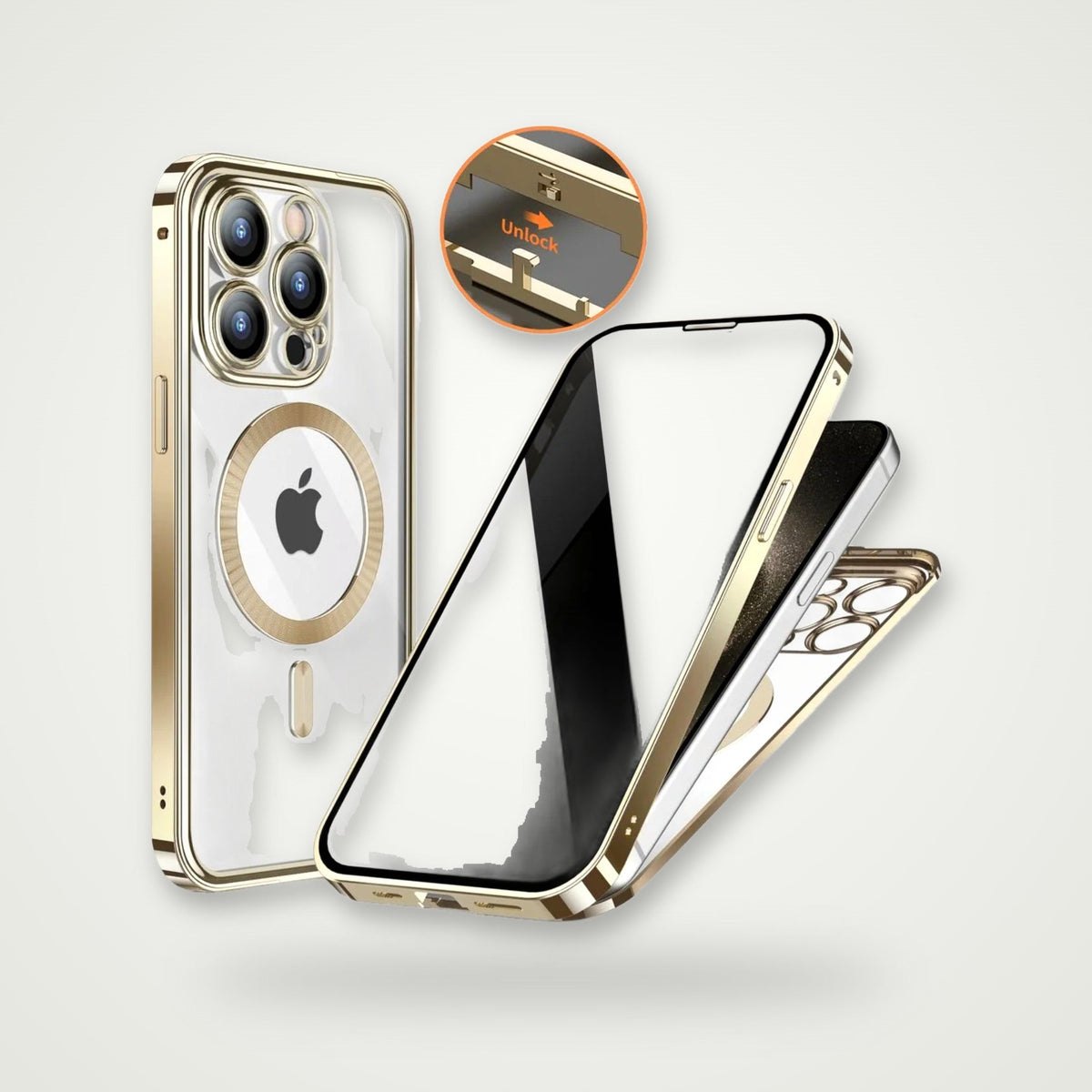 Privacy Glass Metal Buckle Case for iPhone 13–15