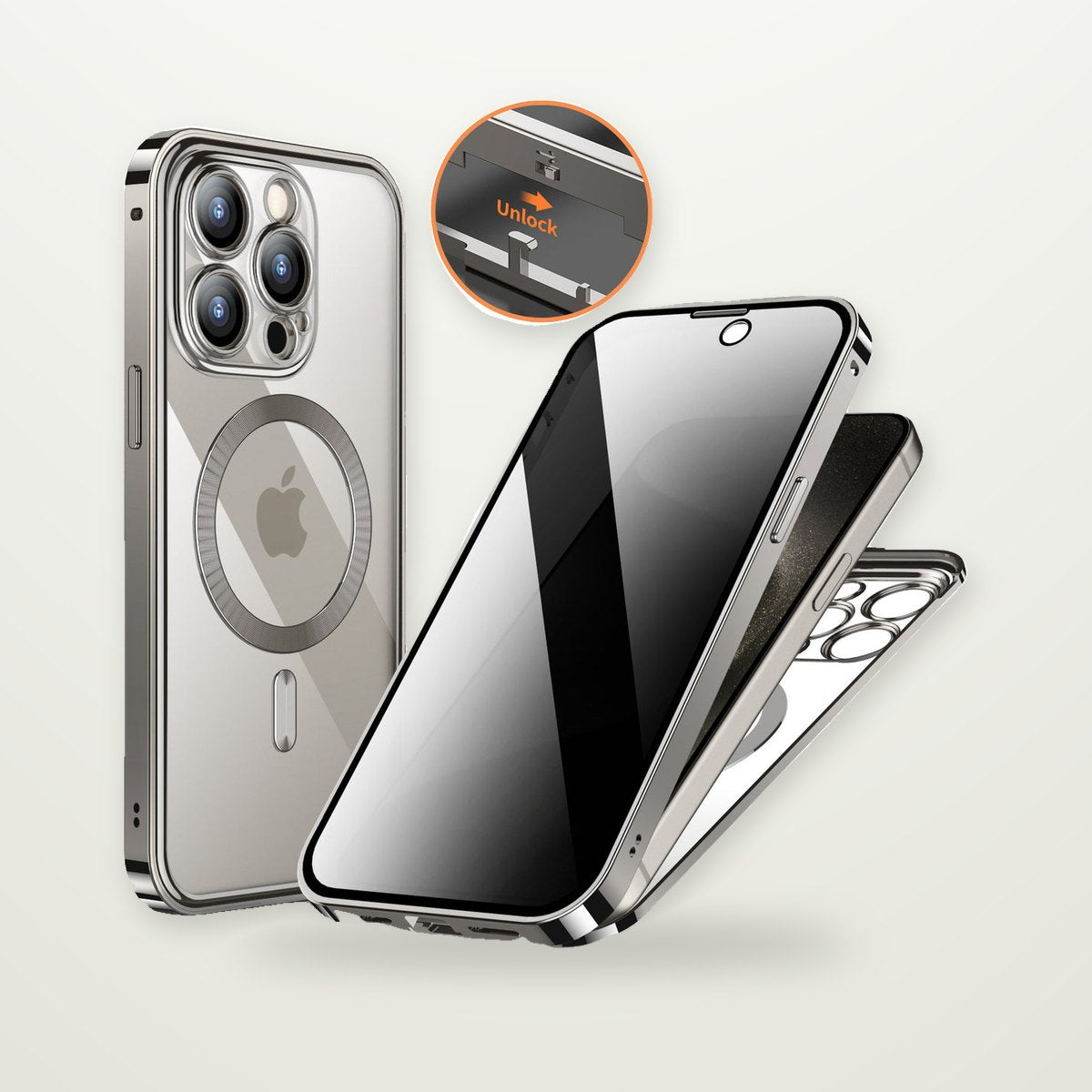 Privacy Glass Metal Buckle Case for iPhone 13–15
