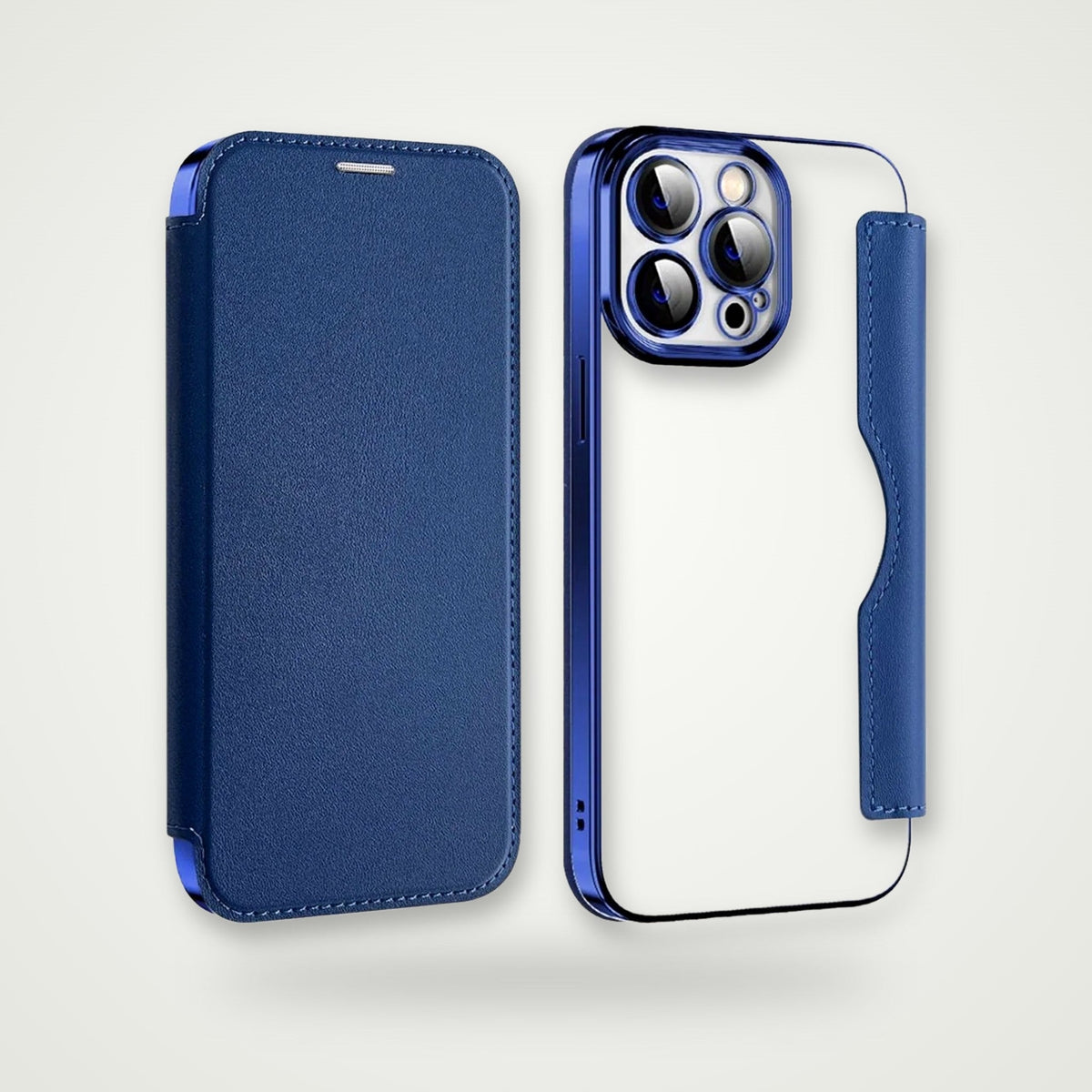 Clear card slot case for iPhone 14–17 & Galaxy S24, dark blue