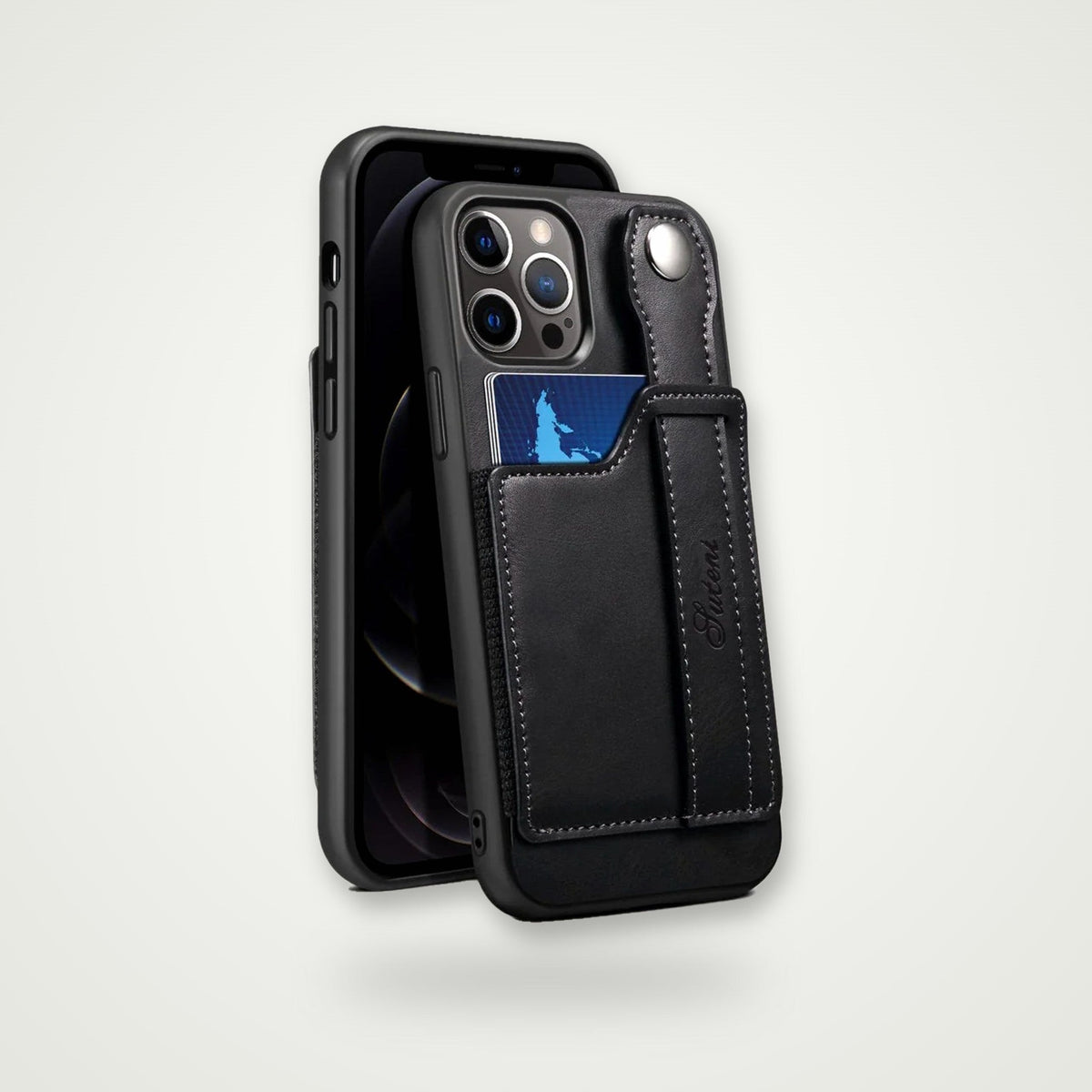 Card & finger ring case for iPhone 13–15, black