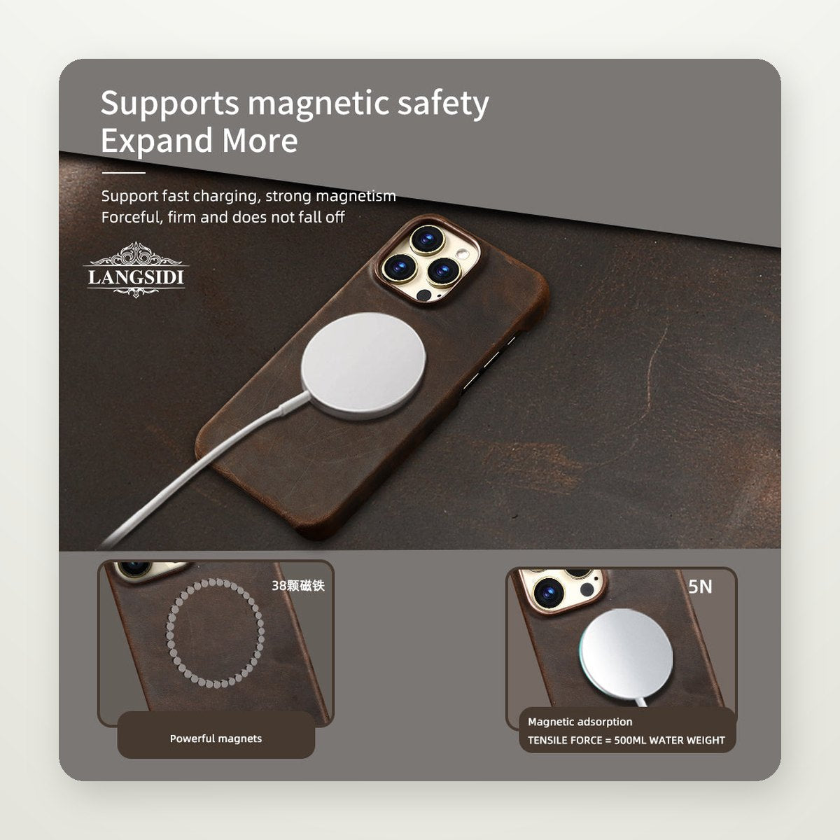 Cowhide Leather MagSafe Case for iPhone 15–16