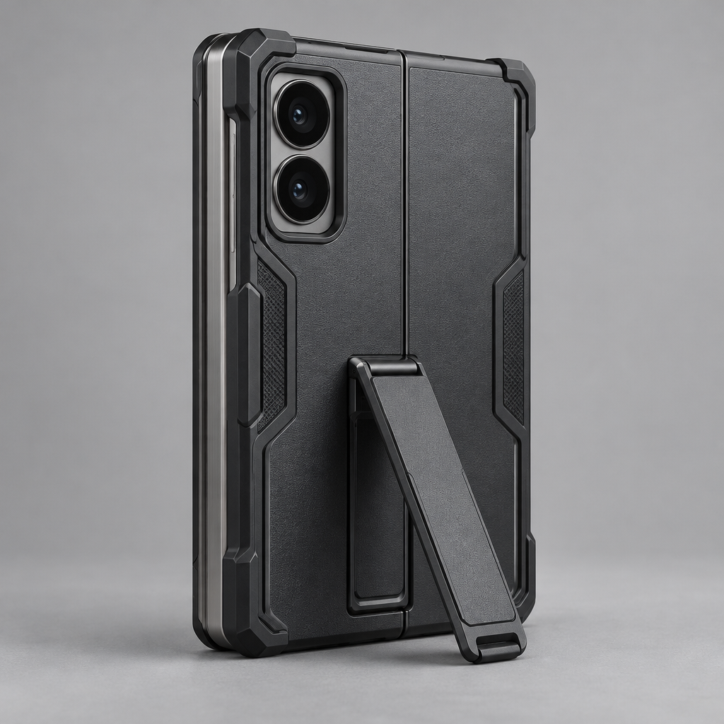 Armor Stand Case – iPhone Duo — back view with foldable device and kickstand open