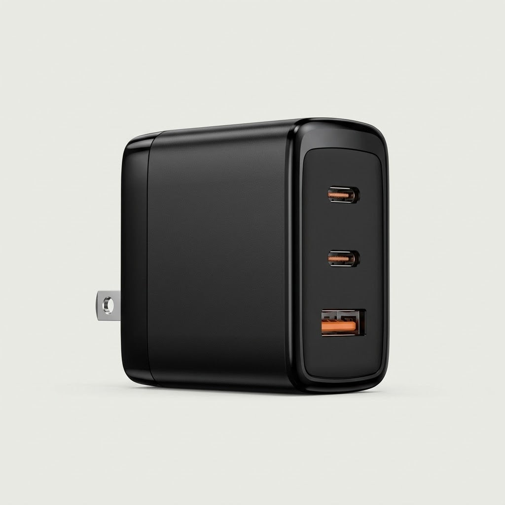 Black GaN 3-port fast wall charger with two USB-C and one USB-A port, folding US plug, studio shot