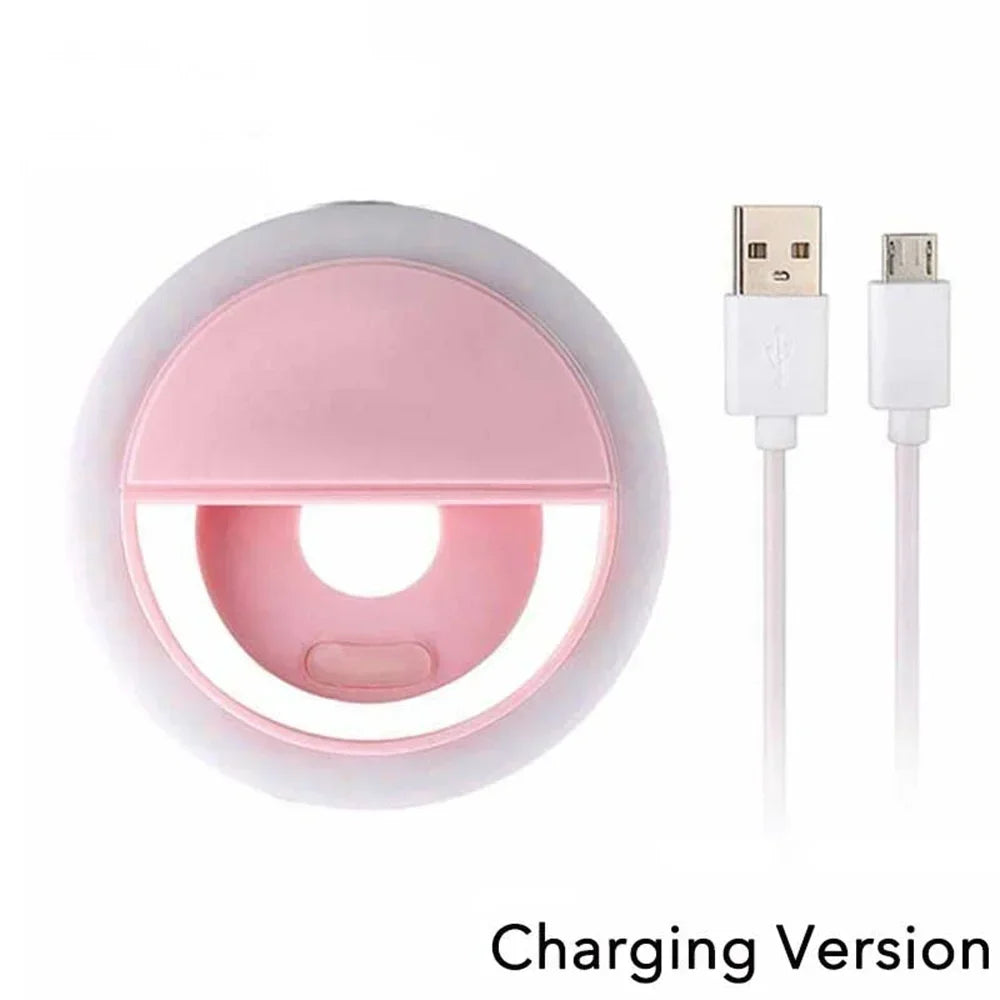 Rechargeable clip-on LED selfie ring light for phones, pink