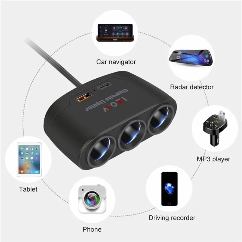 3-in-1 120W car cigarette lighter splitter with USB-C, view 3