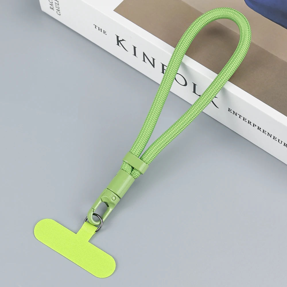Braided short phone wrist strap with chain ring and patch, light green