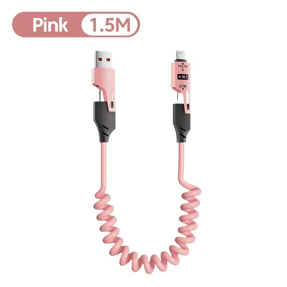 4-in-1 65W coiled charging cable, pink
