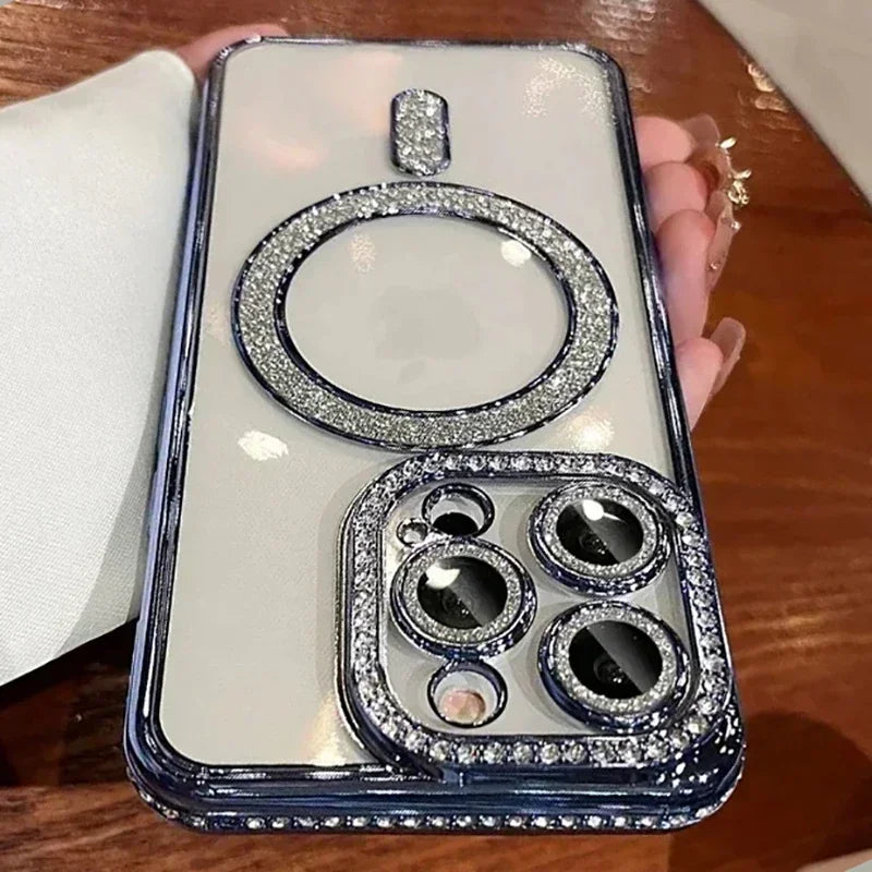 Glitter diamond clear magnetic bumper case for iPhone 11–18, blue