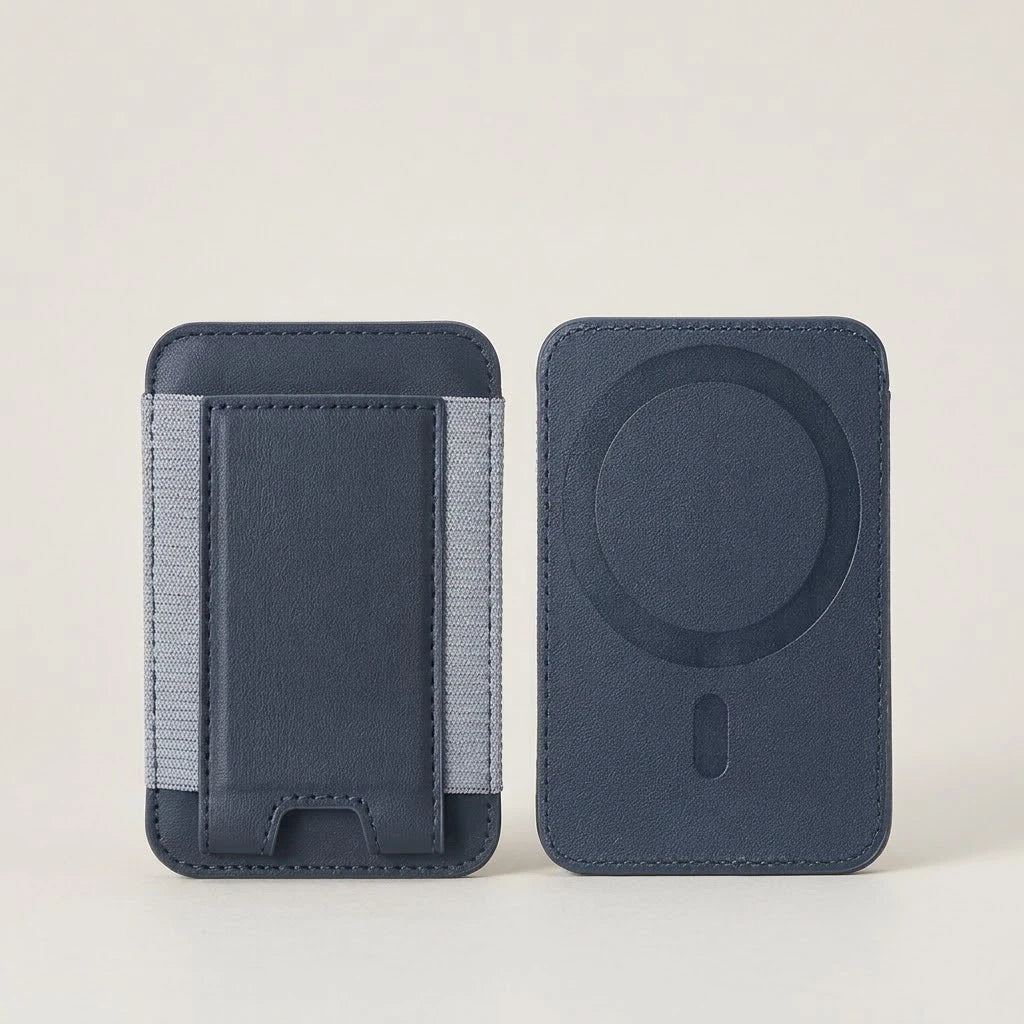 MagSafe leather card holder wallet with elastic pocket, navy blue