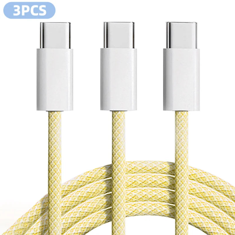 60W braided USB-C cable 3-Pack, yellow