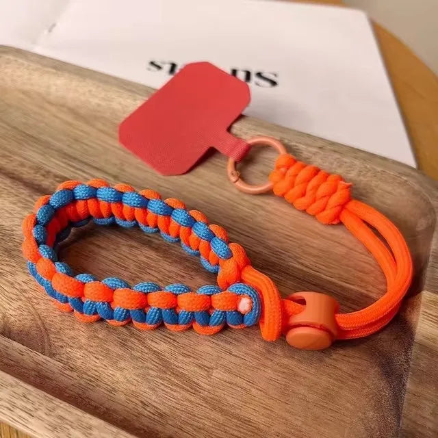 Handwoven adjustable phone wrist strap lanyard, orange blue, view 14