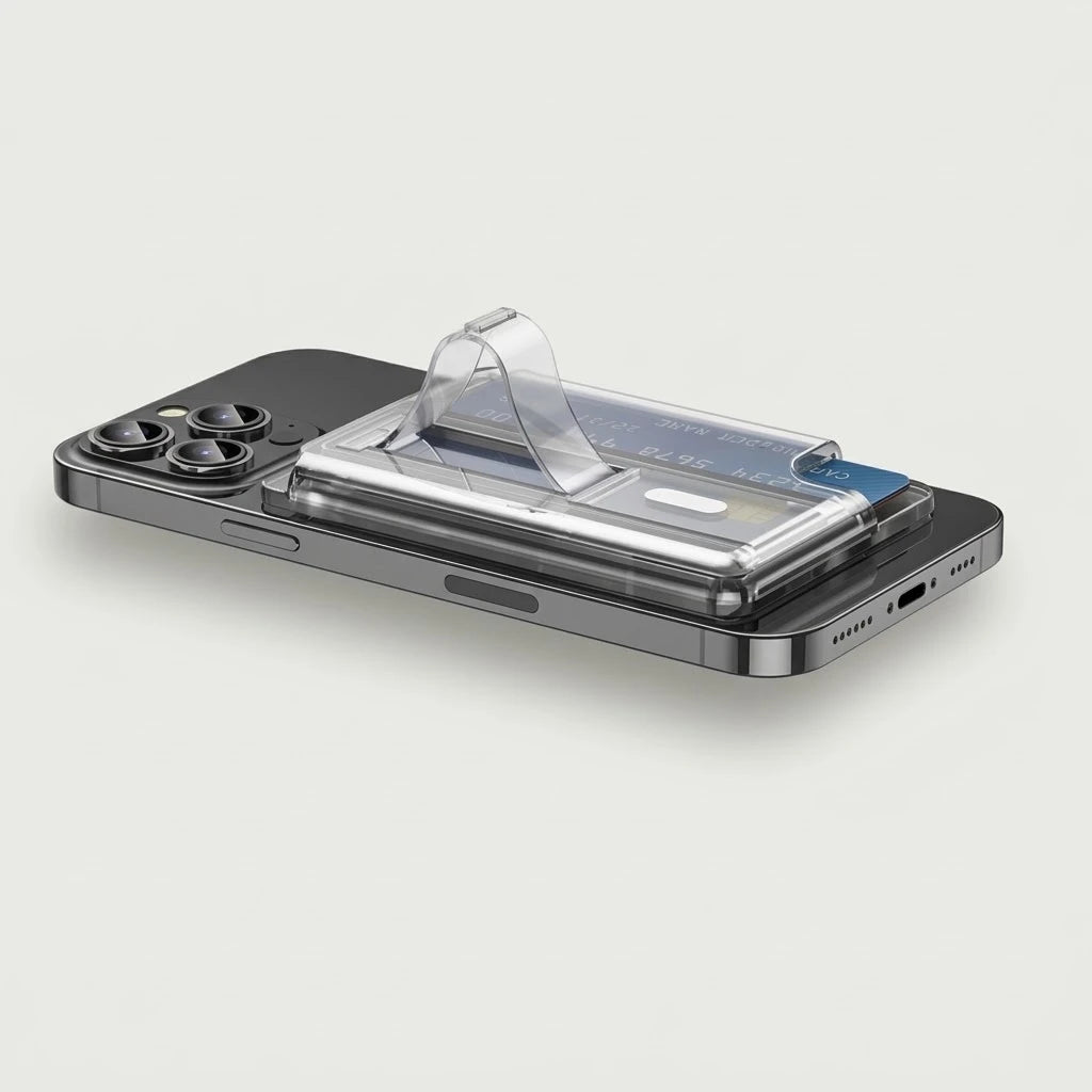 Clear magnetic wallet card holder with finger strap on the back of a phone, studio shot