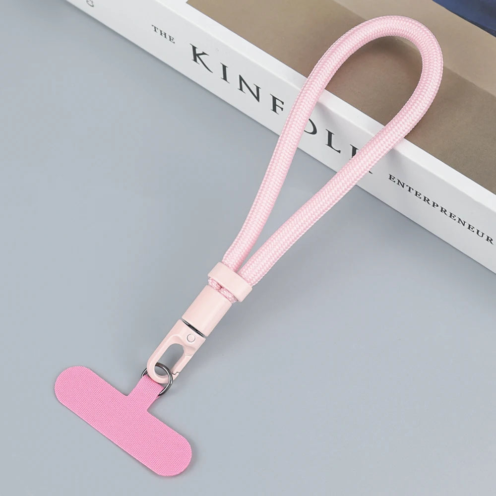 Braided short phone wrist strap with chain ring and patch, pink