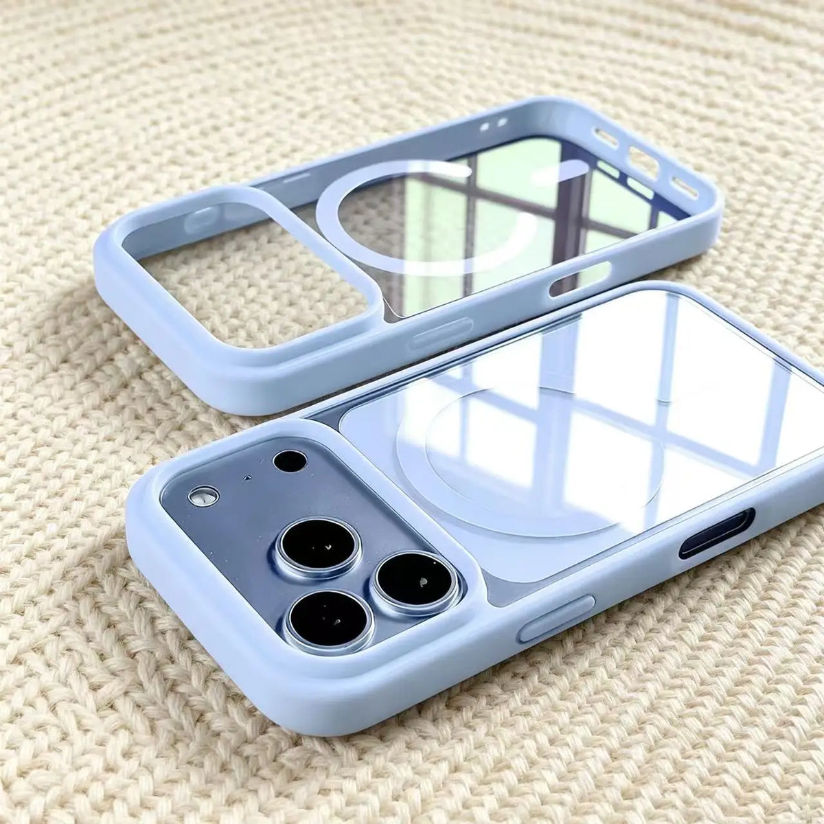 Transparent acrylic MagSafe case for iPhone 12–17 & Air, light blue