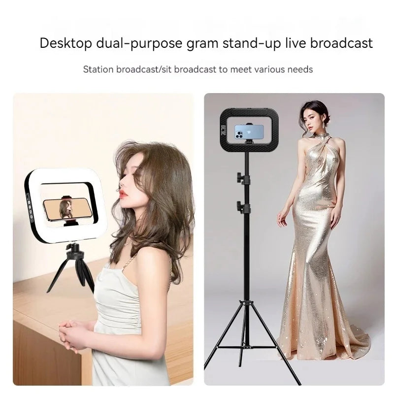 Rechargeable handheld LED ring light with tripod and phone holder, view 2