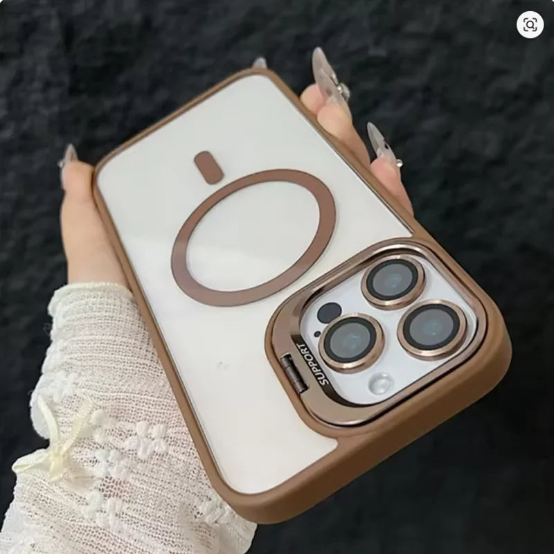 Magnetic kickstand case with lens protection for iPhone 11–18, gold