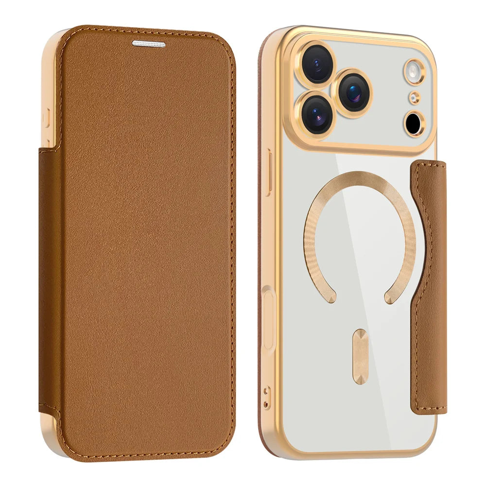 Clear flip leather wallet case, brown