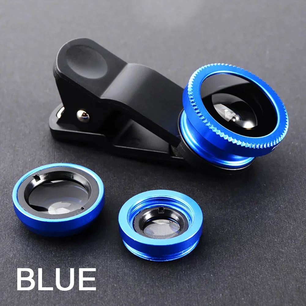 3-in-1 clip-on phone lens kit with fisheye, wide angle and macro, blue