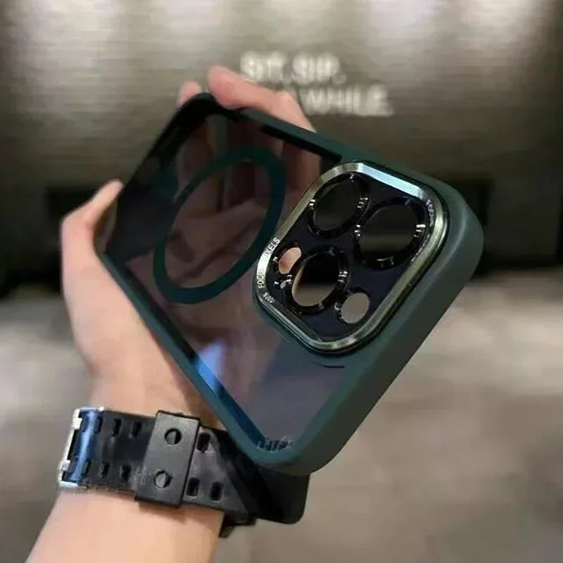 Clear magnetic case with metal lens bumper for iPhone 11–18, dark green