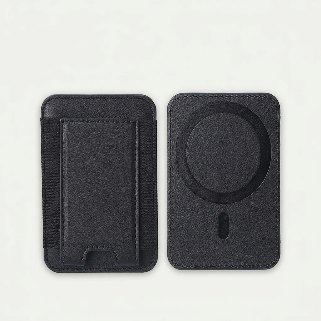 MagSafe leather card holder wallet with elastic pocket, black