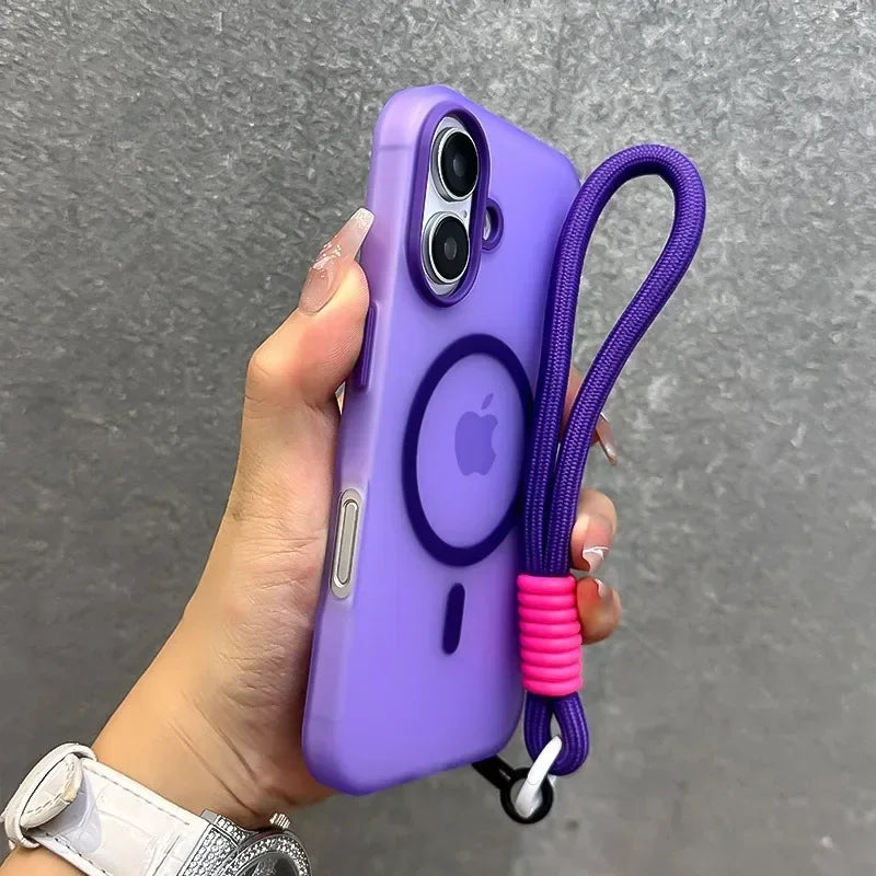 Candy color MagSafe case with wrist strap for iPhone 11–18, dark purple