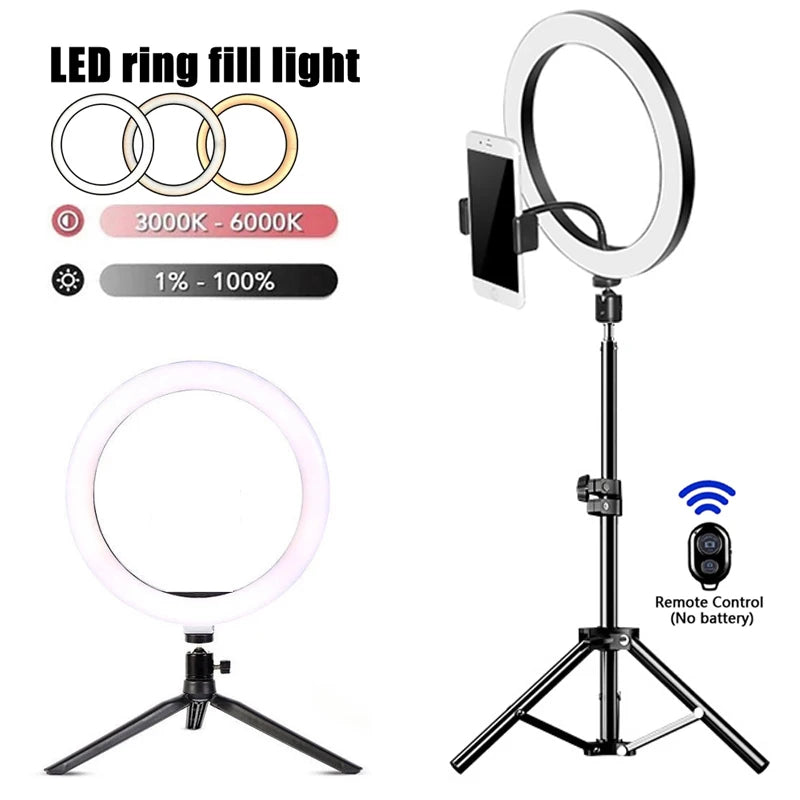 LED selfie ring light with tripod, phone holder and remote