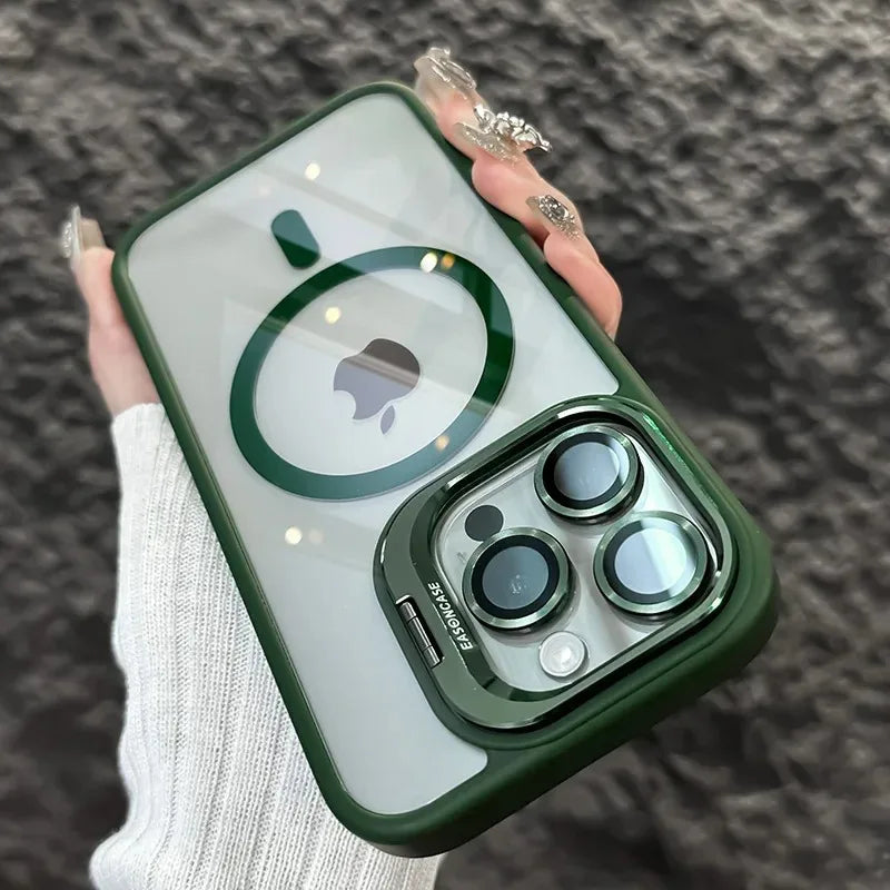 Magnetic kickstand case with lens protection for iPhone 11–18, dark green