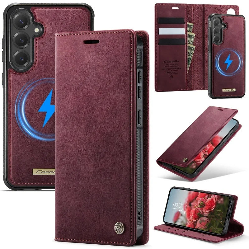 Magnetic leather wallet case for Samsung Galaxy S20–S26, red