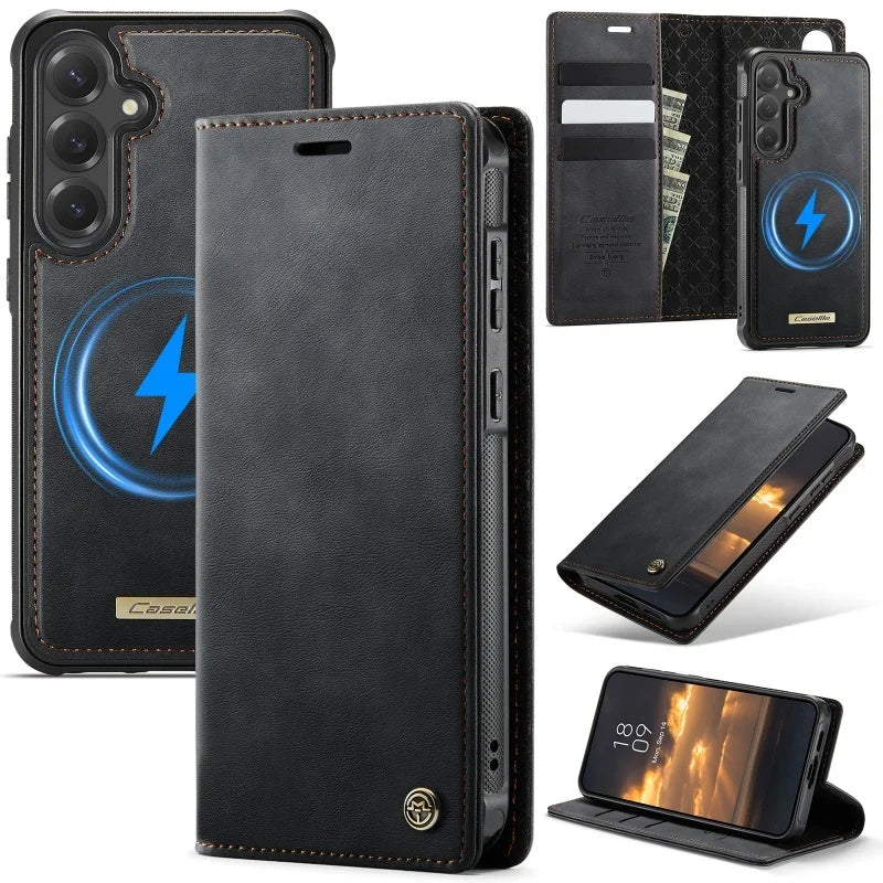 Magnetic leather wallet case for Samsung Galaxy S20–S26, black