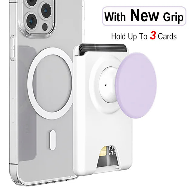 Magnetic wallet with expanding phone grip for iPhone & Samsung, white purple
