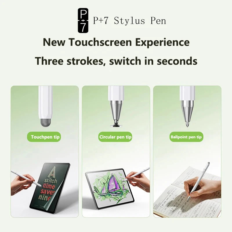 Universal touch screen stylus with three tips and ballpoint pen, view 2